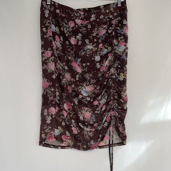 Brown Pink Floral Mesh Overlay Midi Skirt Ruched Tie Sz XL Boho Y2K Fairy - Picture 1 of 8
